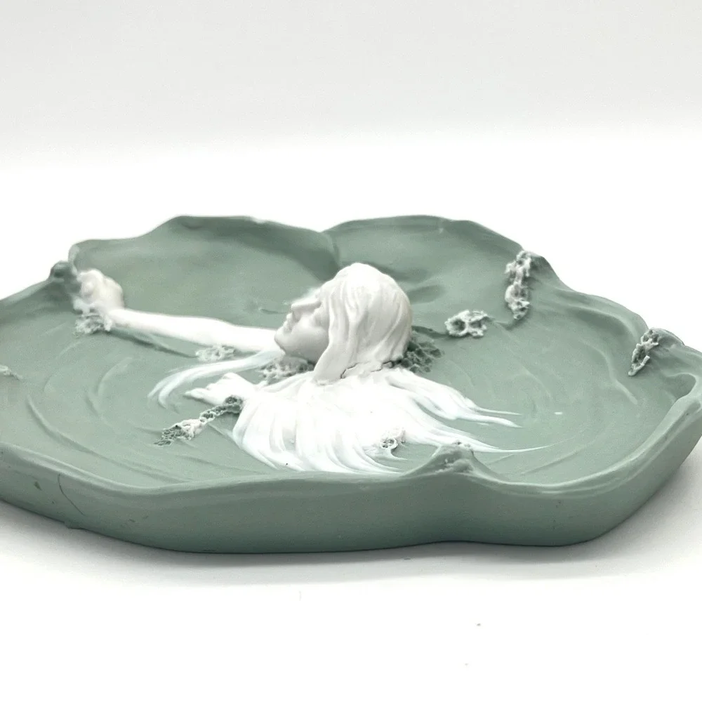 Art Nouveau Ceramic Maiden Lily Pad Tray Sage Green White Sculptural Relief 8.5